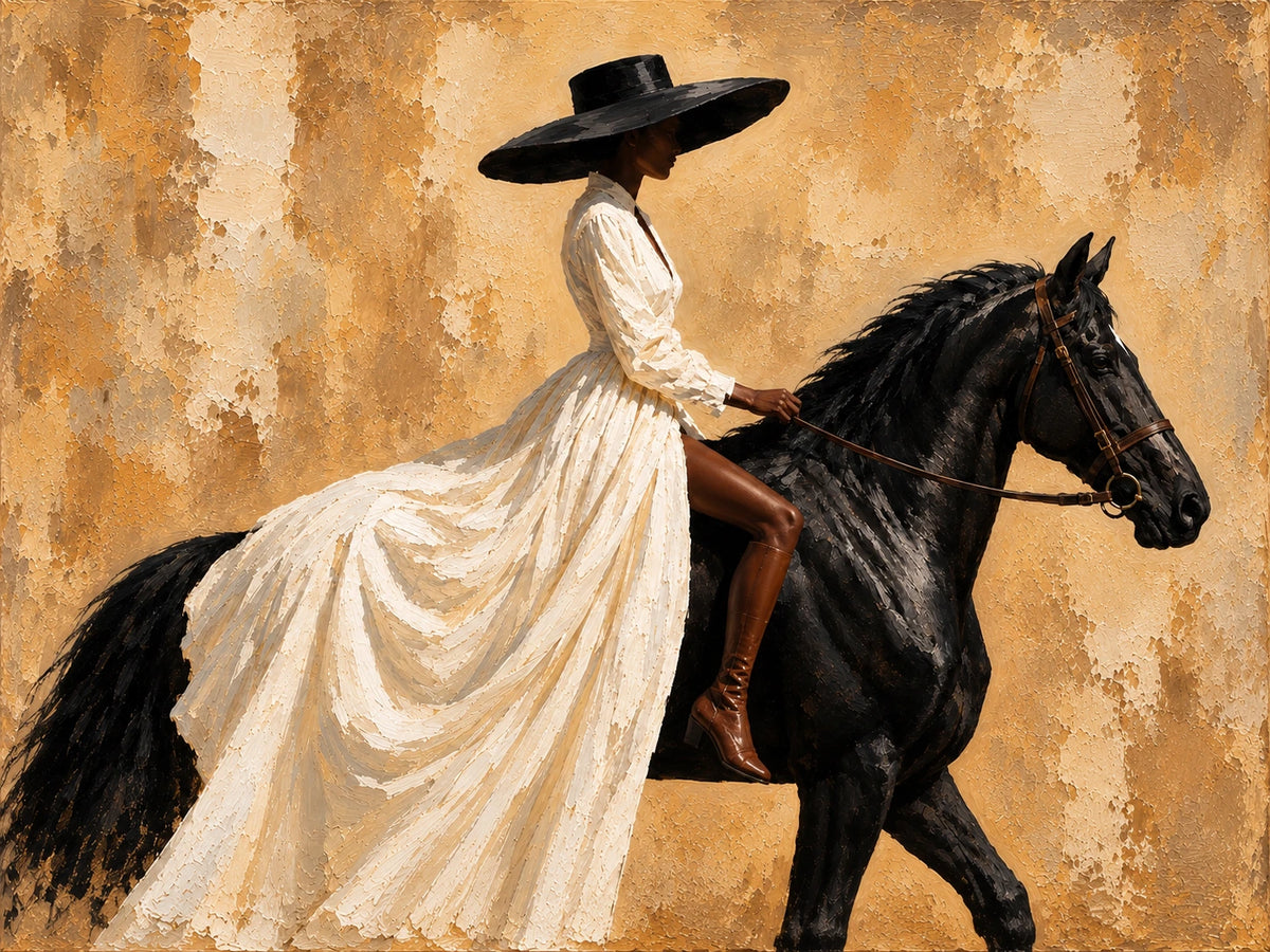 Ivory Cavalier full artwork. A rider in a flowing ivory dress and broad black hat sits atop a dark horse against a warm ochre backdrop.