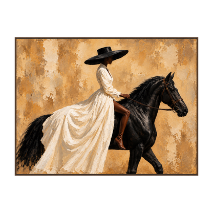 Ivory Cavalier artwork in a brown wood frame on a transparent background.