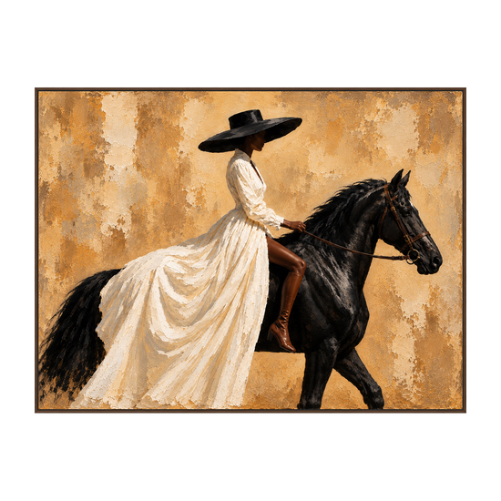 Ivory Cavalier artwork in a brown wood frame on a transparent background.
