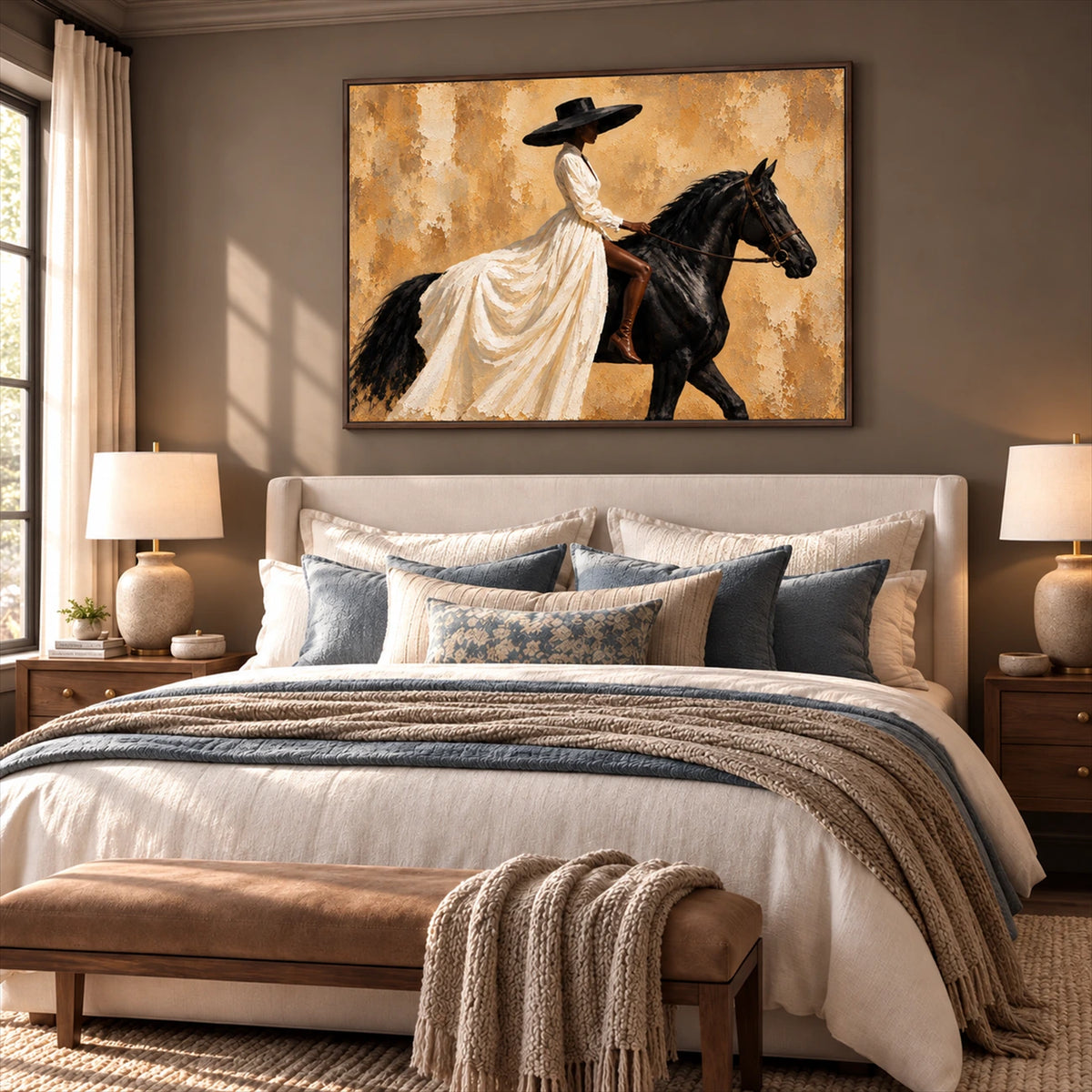 Ivory Cavalier artwork displayed above a cream upholstered bed.
