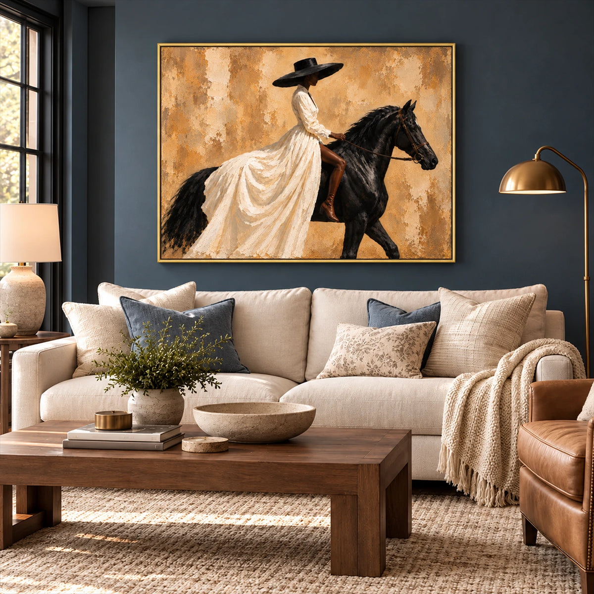 Ivory Cavalier artwork displayed above a cream sofa against a blue wall.