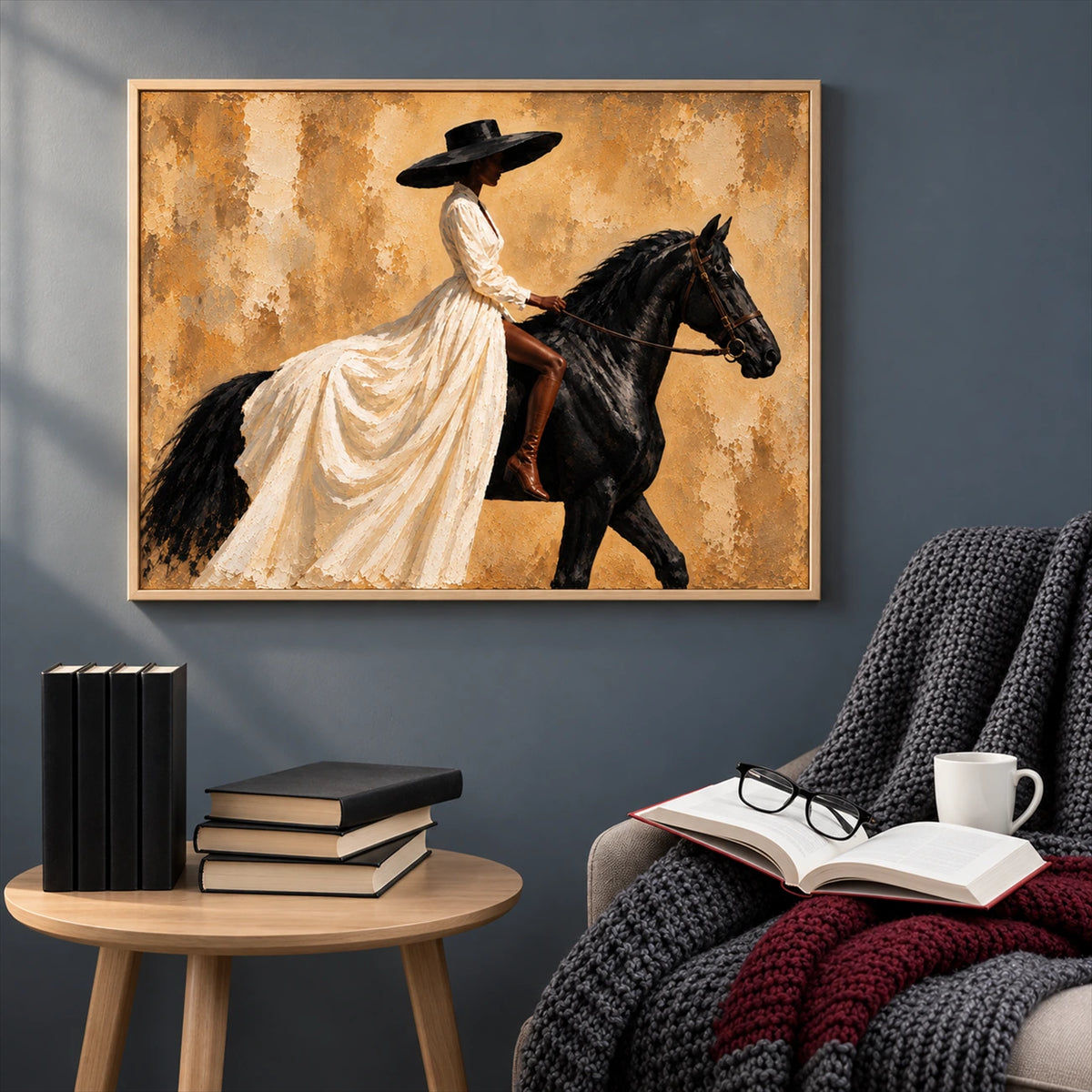 Ivory Cavalier artwork displayed beside a reading chair and small table.