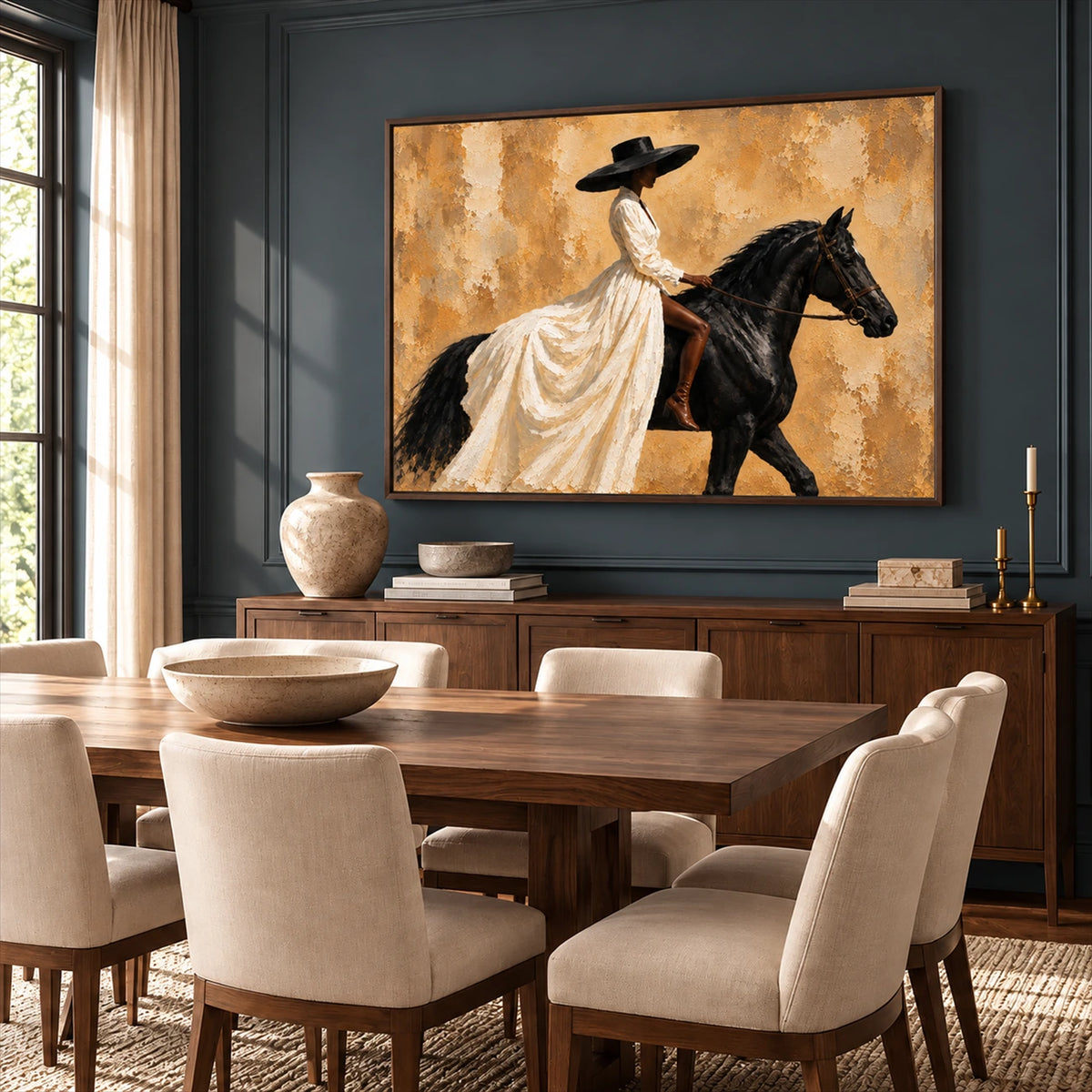 Ivory Cavalier artwork displayed above a wooden dining table.