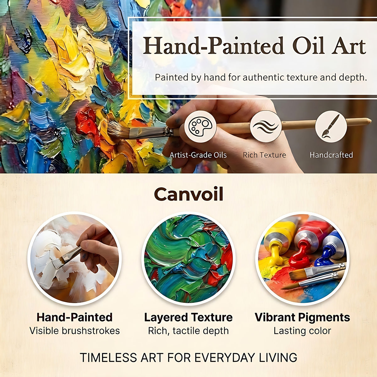 Ivory Cavalier Wall Art — Canvoil hand-painted oil art guide showing painting technique, layered texture and pigments