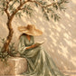 Olive Reverie full artwork. A reader in a soft green dress rests beneath an olive tree, sheltered by a wide straw hat.