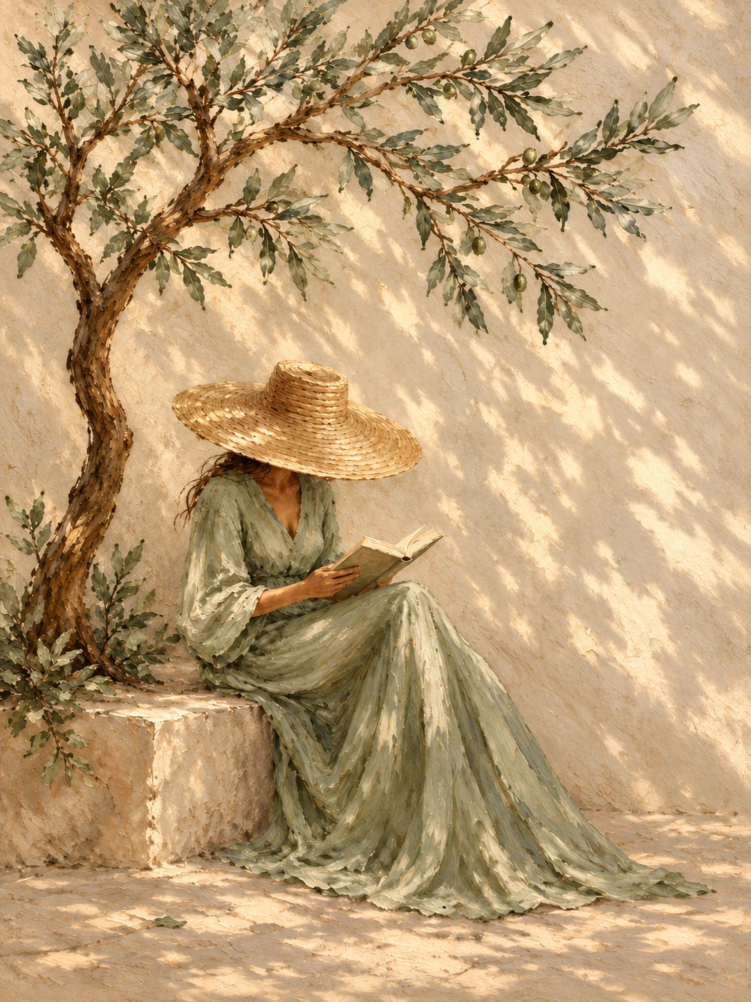 Olive Reverie full artwork. A reader in a soft green dress rests beneath an olive tree, sheltered by a wide straw hat.