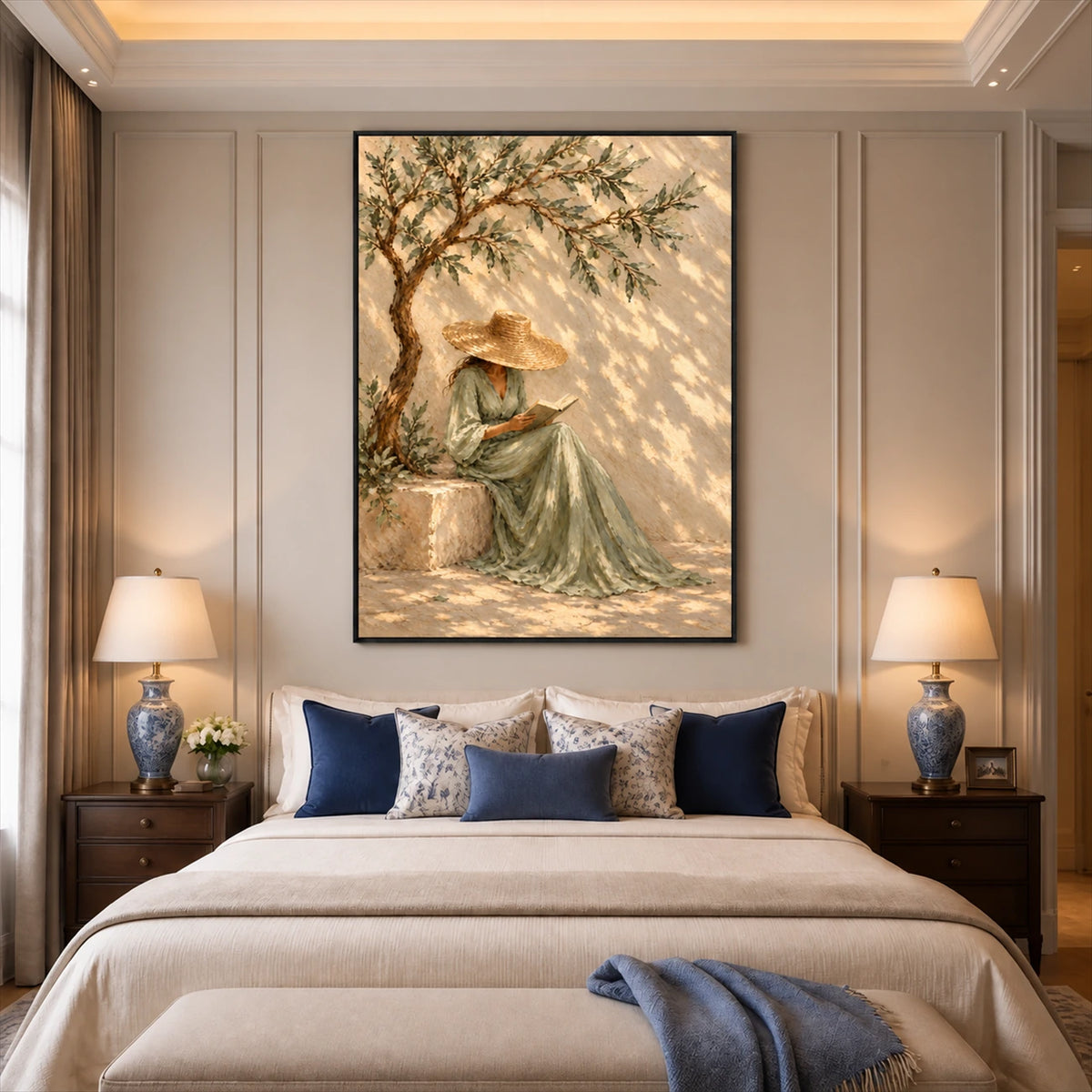 Olive Reverie artwork displayed above a bed between bedside lamps.