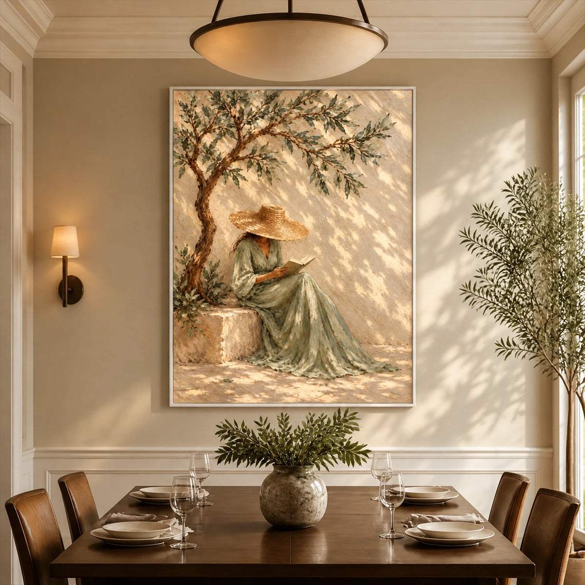 Olive Reverie artwork displayed above a dark wooden dining table.