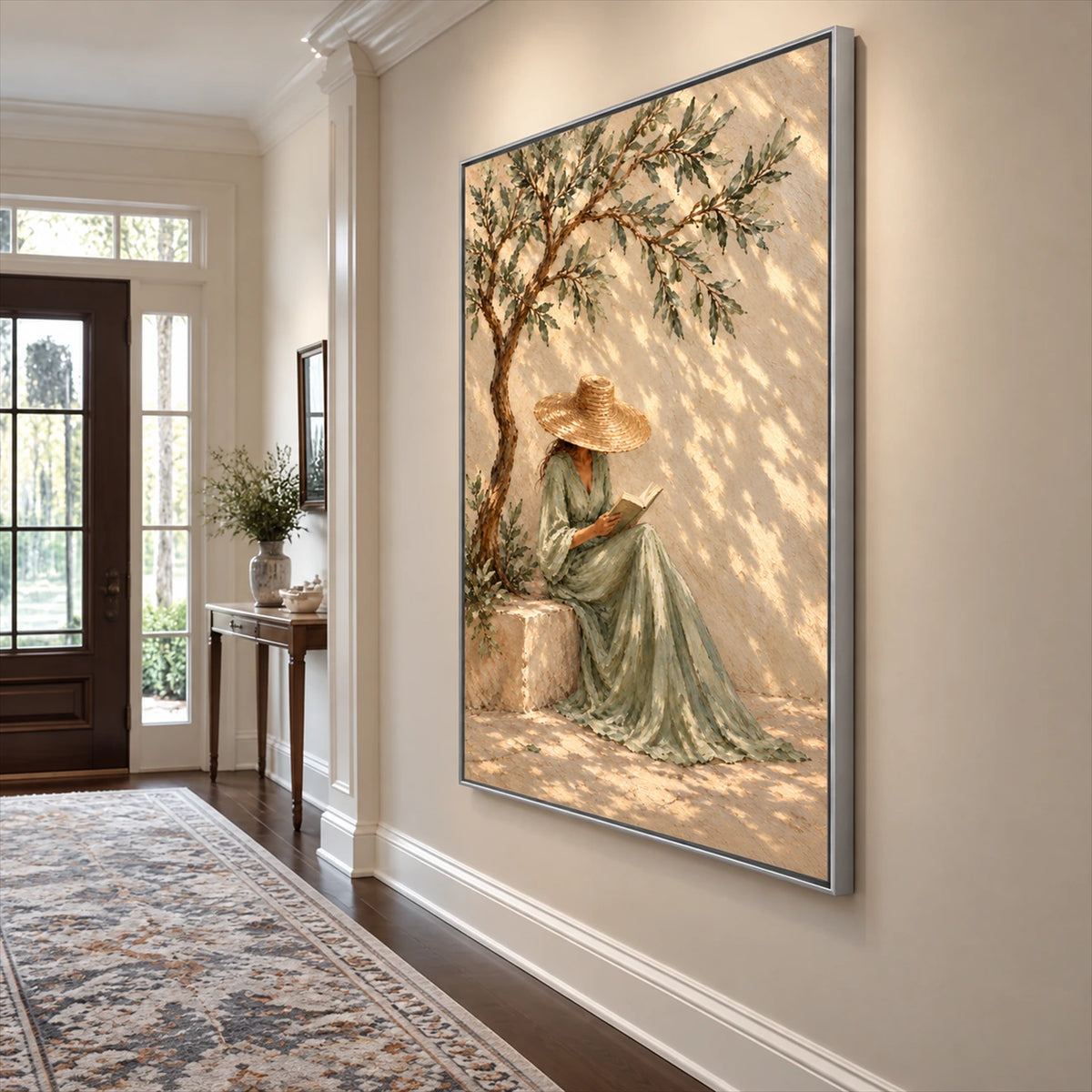 Olive Reverie artwork displayed on a bright entryway wall.
