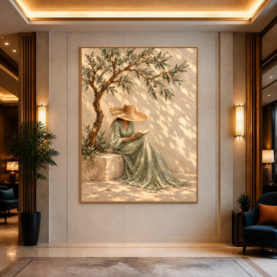 Olive Reverie artwork displayed on a softly lit foyer wall.