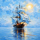 Luminous Sail full artwork. A tall sailing ship glides across brilliant blue water beneath a glowing sun and textured clouds.