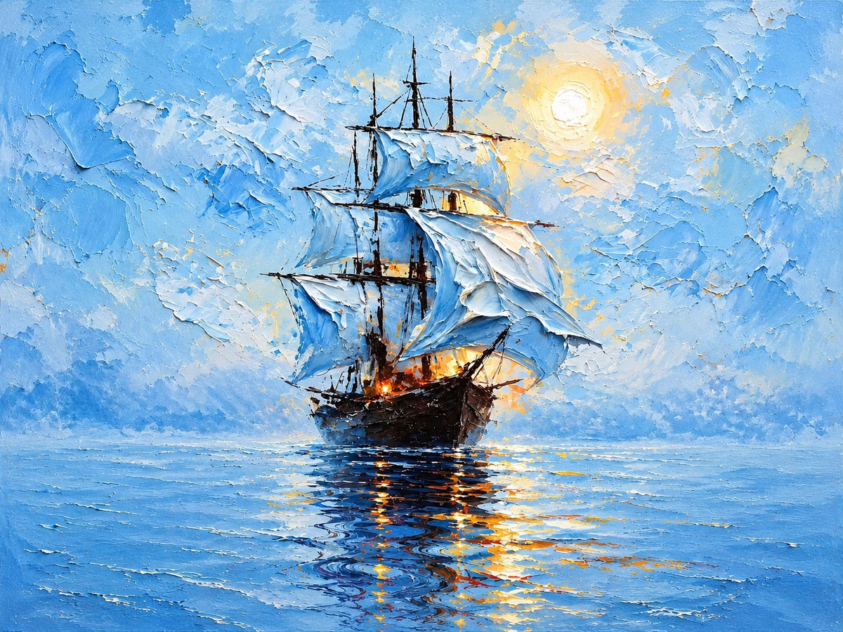 Luminous Sail full artwork. A tall sailing ship glides across brilliant blue water beneath a glowing sun and textured clouds.