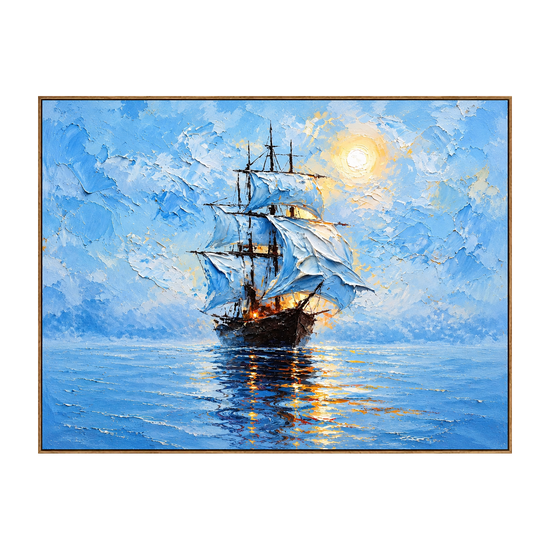 Luminous Sail artwork in a natural wood frame on a transparent background.