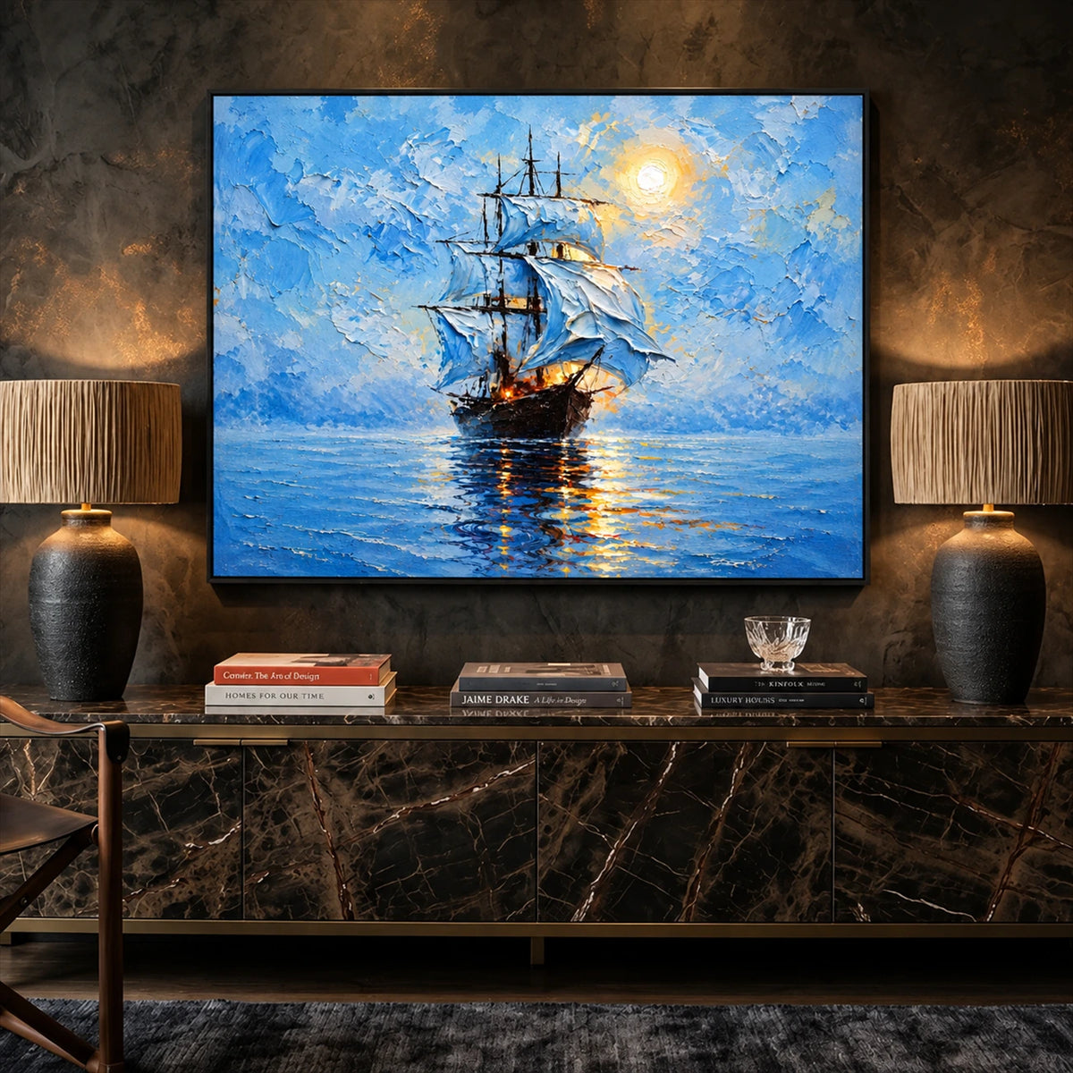 Luminous Sail artwork displayed above a dark marble console.
