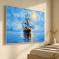 Luminous Sail artwork displayed beside a bed in a warm neutral room.