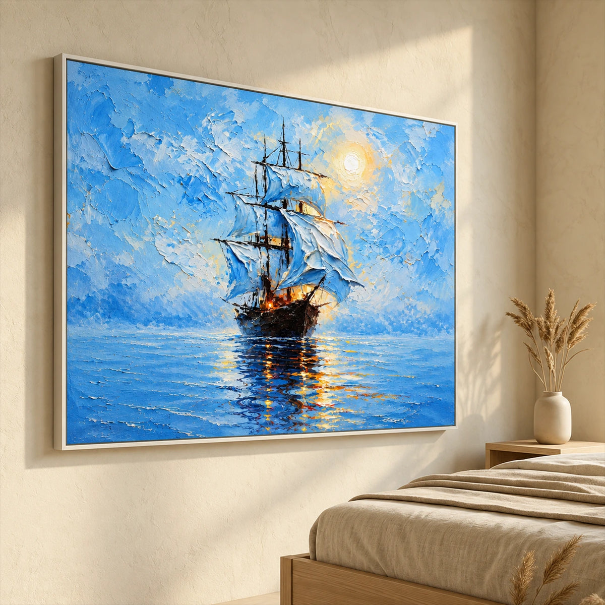 Luminous Sail artwork displayed beside a bed in a warm neutral room.