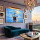 Luminous Sail artwork displayed above a teal chaise beneath a colorful chandelier.