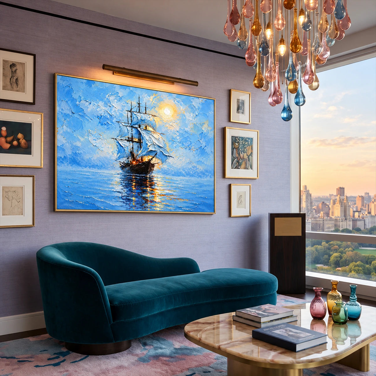 Luminous Sail artwork displayed above a teal chaise beneath a colorful chandelier.