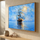 Luminous Sail artwork displayed above a pale wooden bench.