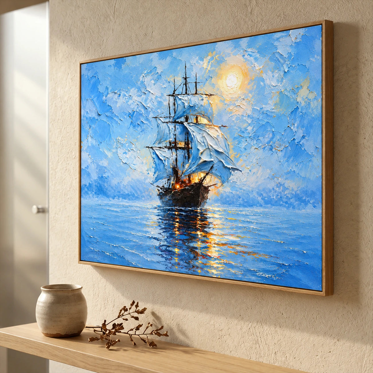 Luminous Sail artwork displayed above a pale wooden bench.