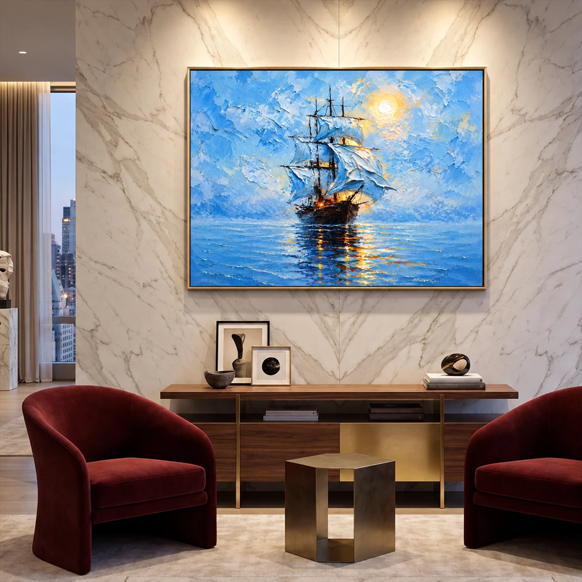 Luminous Sail artwork displayed above a console between burgundy armchairs.