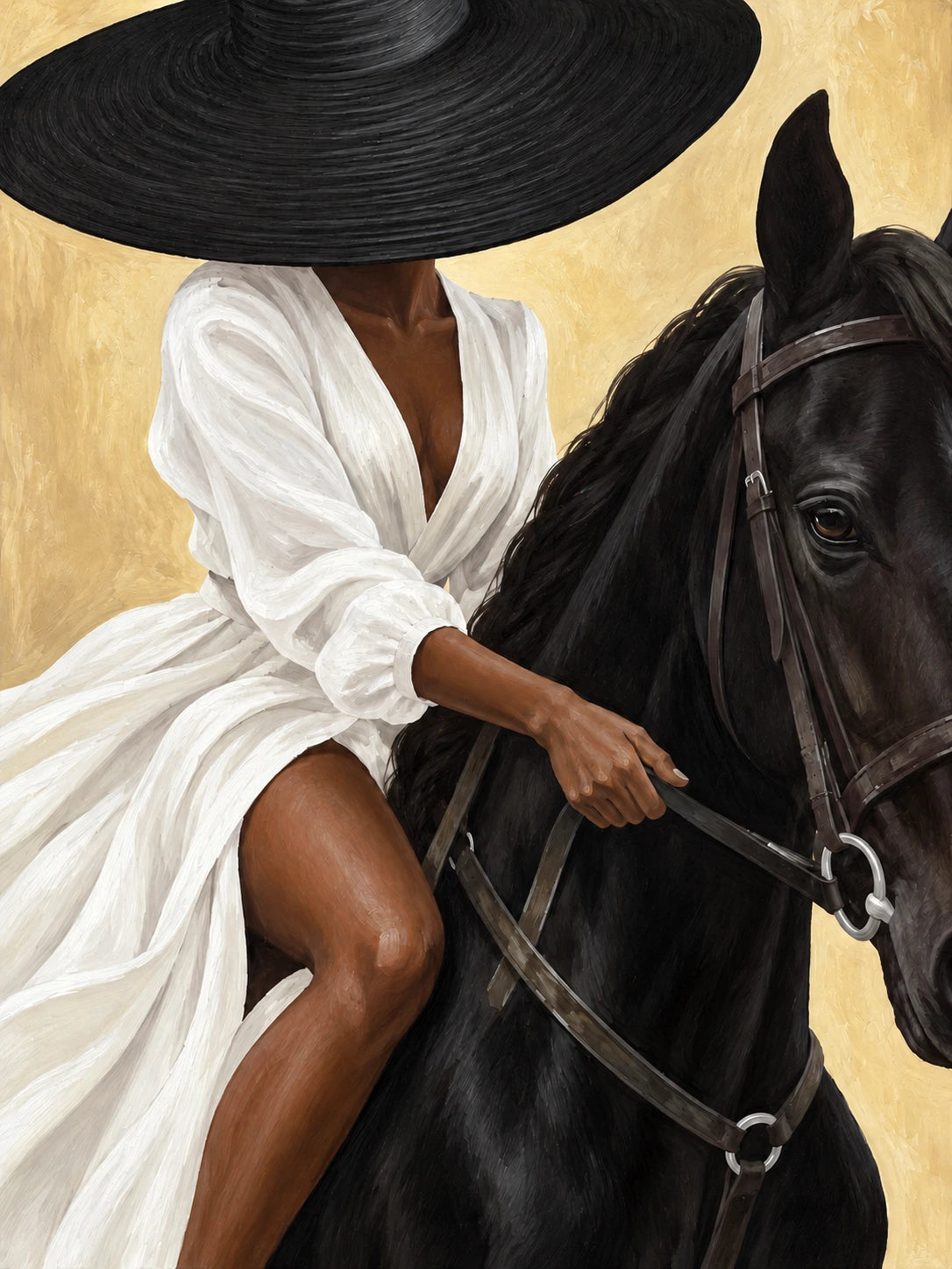 Gilded Equestrian full artwork. A wide black hat conceals the face of a rider dressed in flowing white, seated on a dark horse.