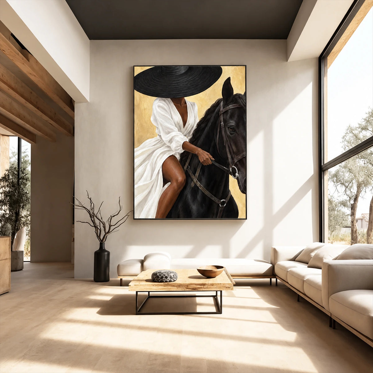 Gilded Equestrian artwork displayed above pale seating in a tall sunlit living room.