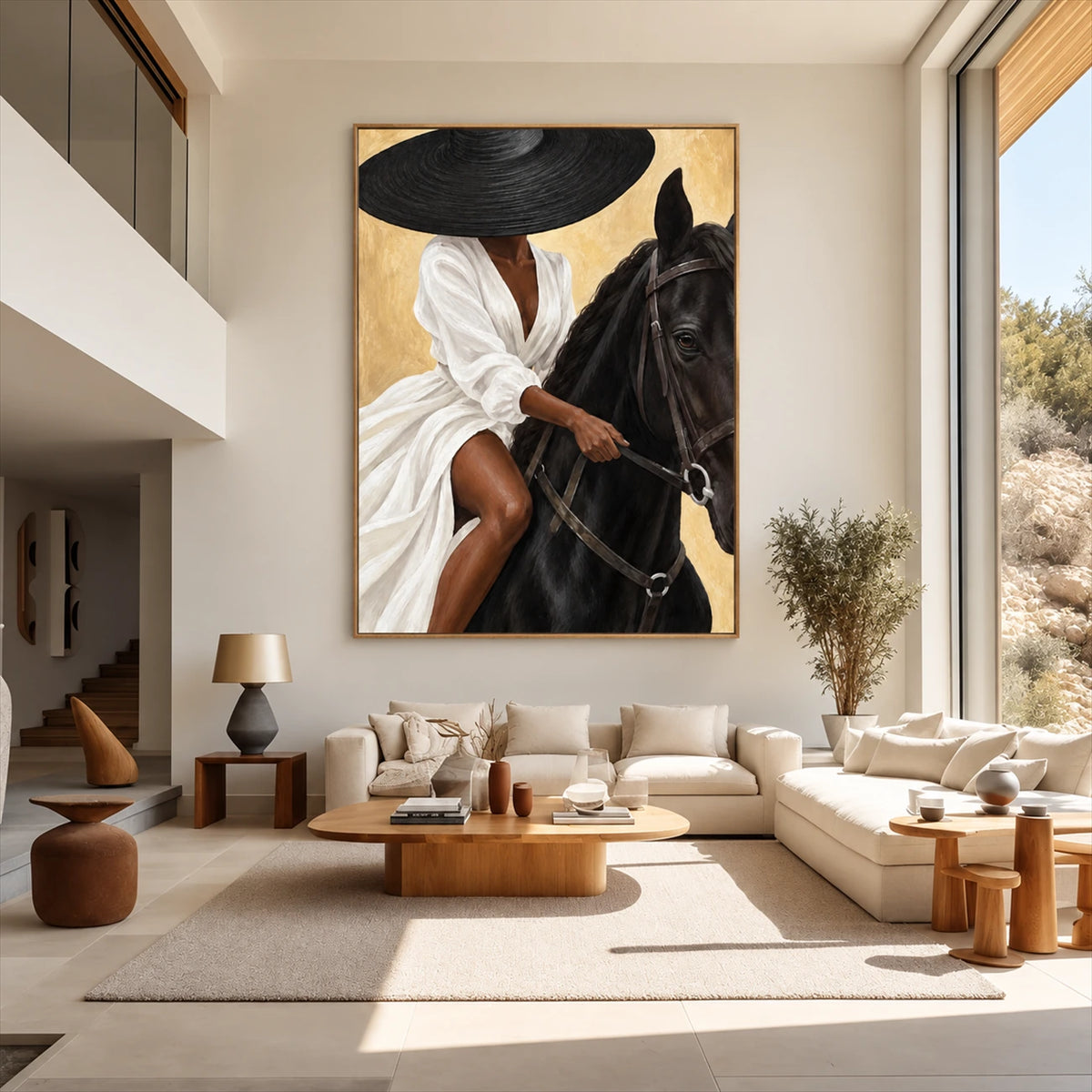 Gilded Equestrian artwork displayed above a cream sectional near tall windows.