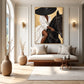Gilded Equestrian artwork displayed above a cushioned daybed between wall sconces.