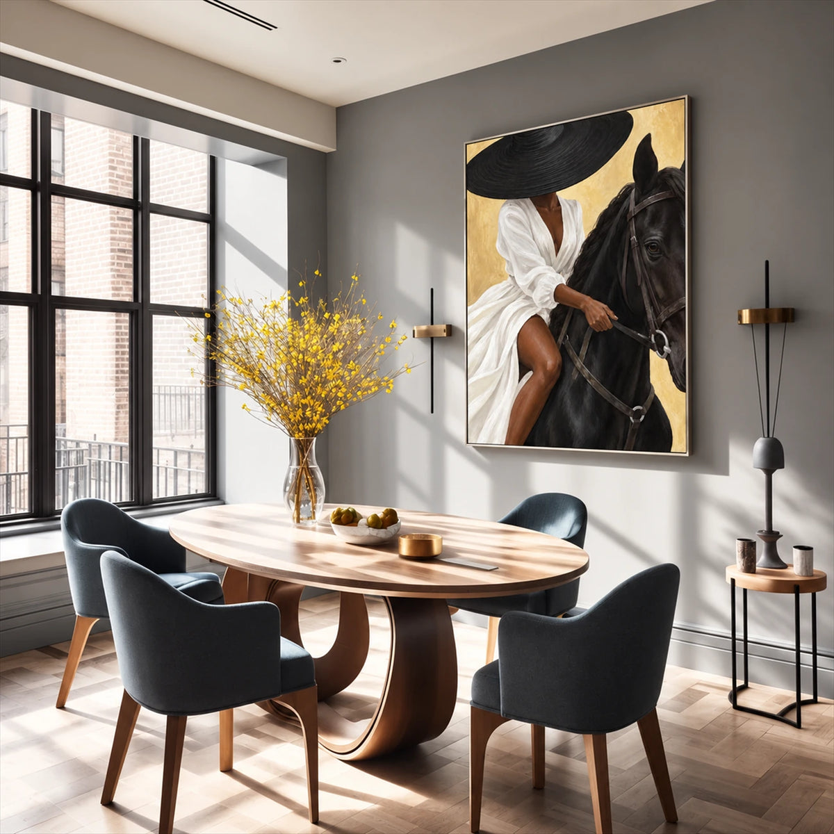 Gilded Equestrian artwork displayed beside a round dining table.
