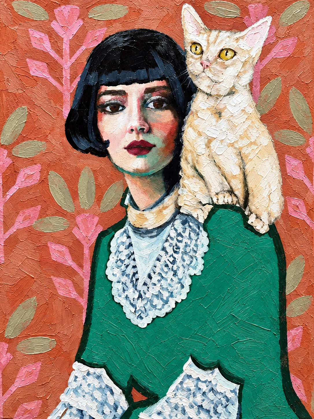 Feline Muse full artwork. A woman with a dark bob and a lace-trimmed green dress shares the frame with a pale cat perched on her shoulder.