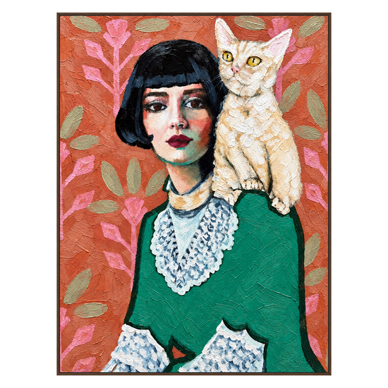 Feline Muse artwork in a brown wood frame on a transparent background.