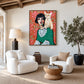 Feline Muse artwork displayed above rounded white armchairs.