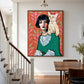 Feline Muse artwork displayed beside a staircase and wooden table.