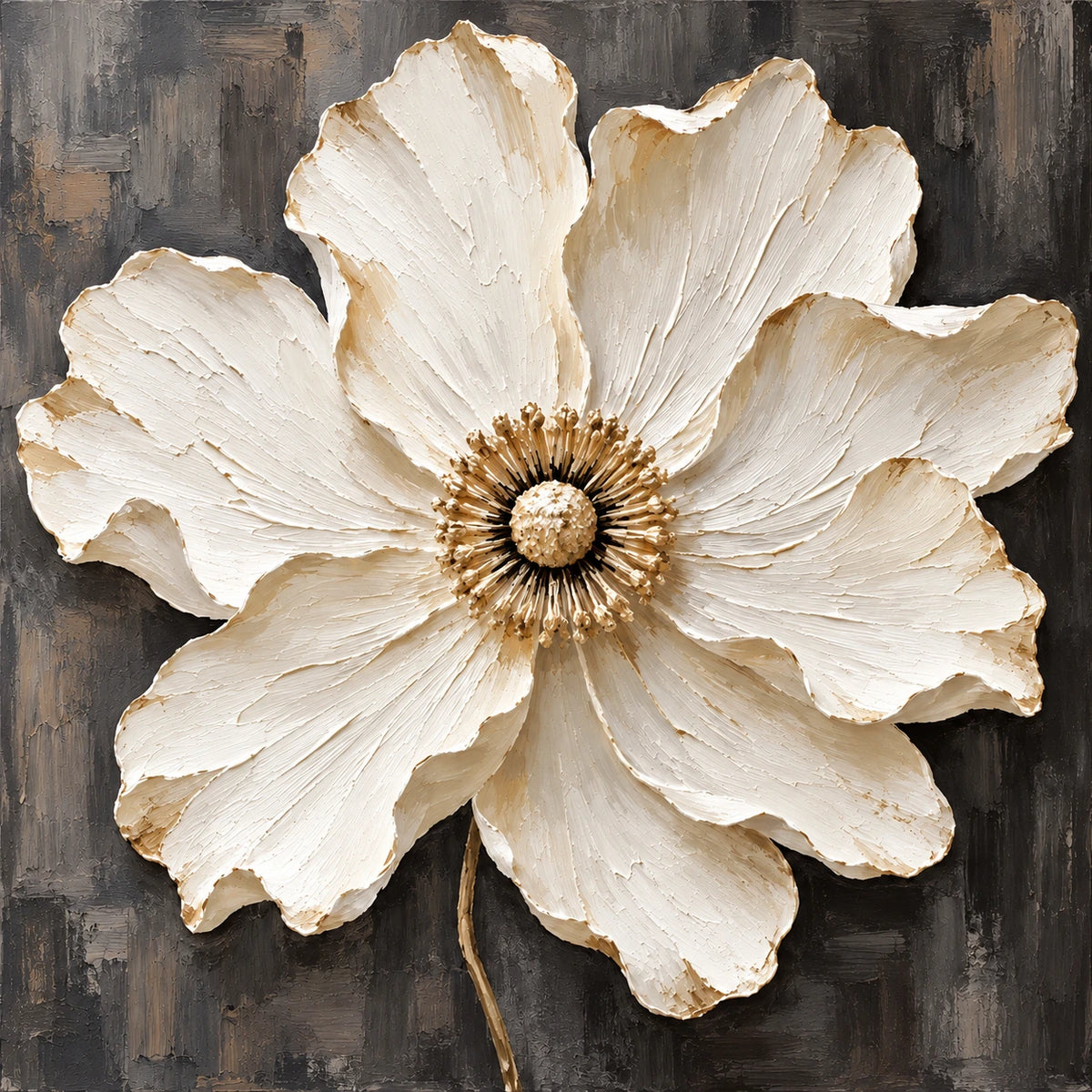 Ivory Radiance full artwork. A large ivory flower opens across a dark gray ground, its sculptural petals surrounding a warm golden center.