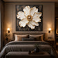 Ivory Radiance artwork displayed above a dark upholstered bed.