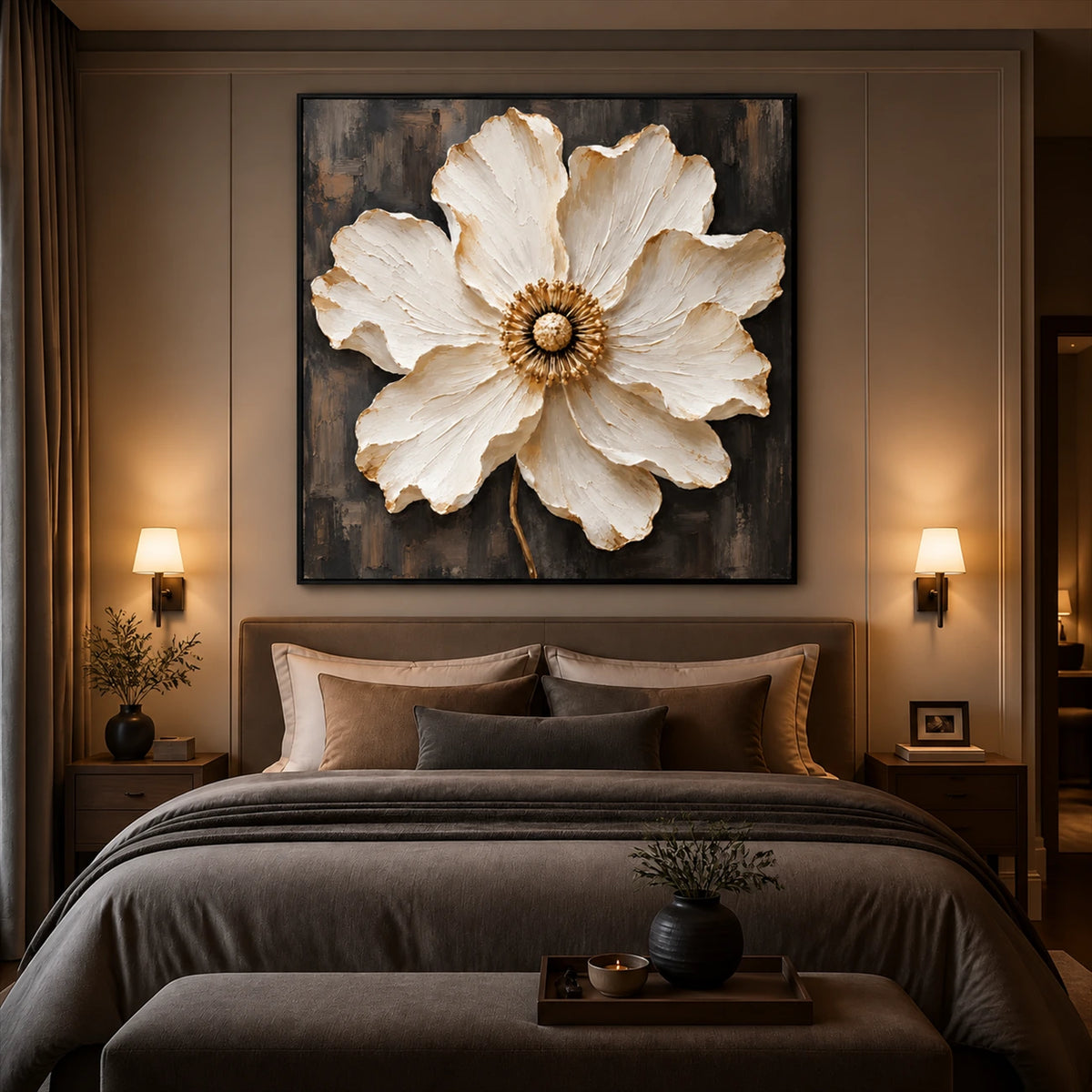 Ivory Radiance artwork displayed above a dark upholstered bed.