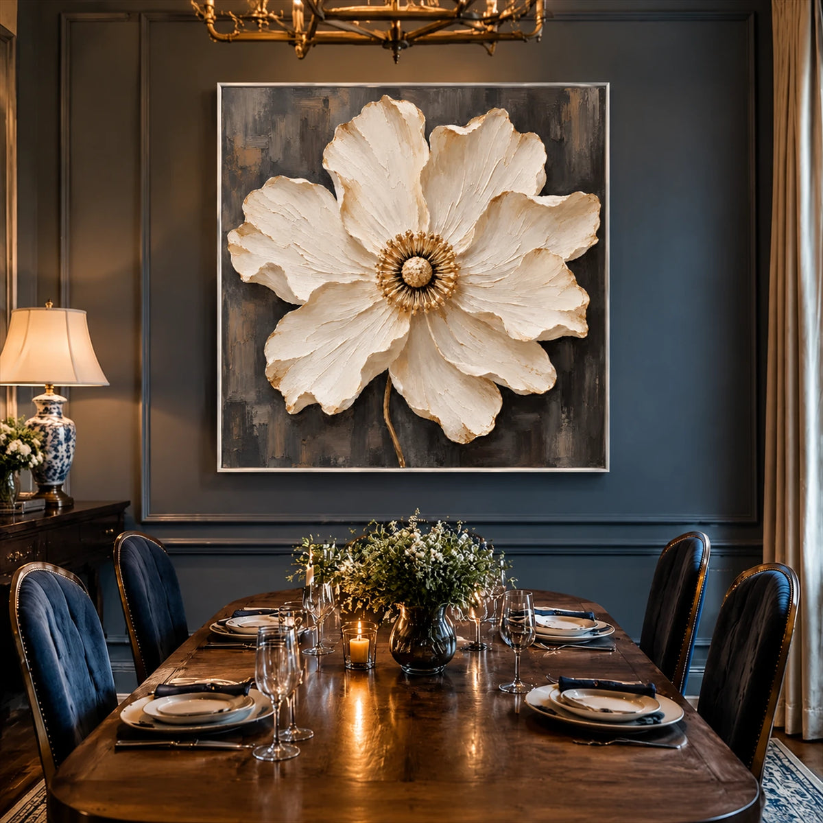 Ivory Radiance artwork displayed above a wooden dining table.