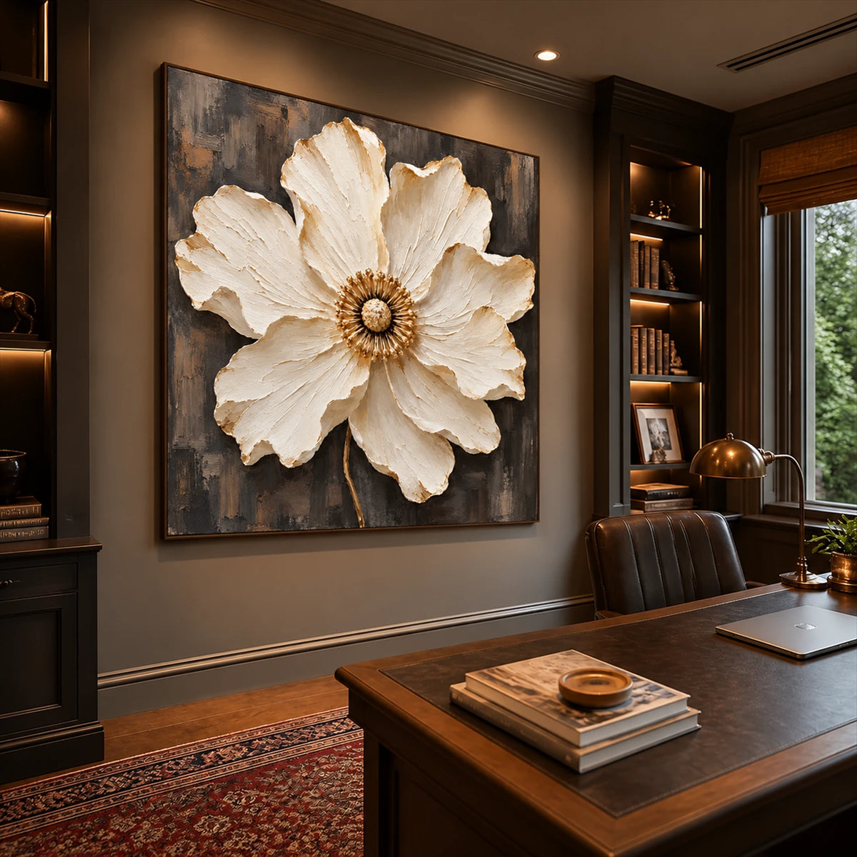 Ivory Radiance artwork displayed above a desk in a warm study.