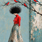 Scarlet Perch full artwork. A slender figure in a red blouse stands beneath branches dotted with vivid red and blue birds.