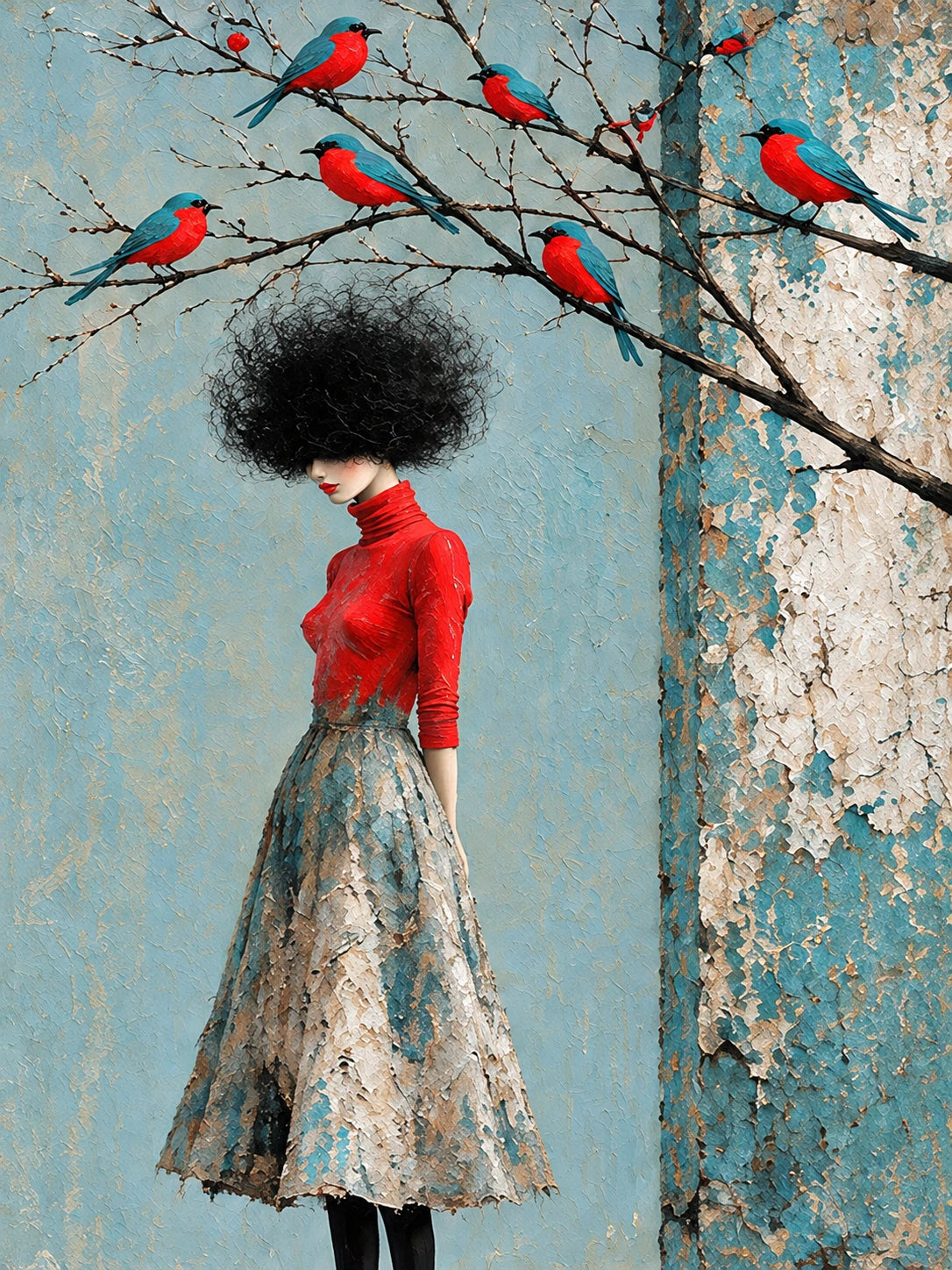 Scarlet Perch full artwork. A slender figure in a red blouse stands beneath branches dotted with vivid red and blue birds.