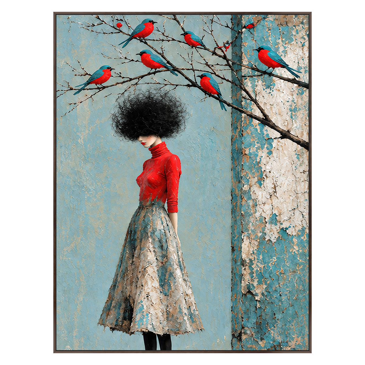 Scarlet Perch artwork in a dark brown wood frame on a transparent background.