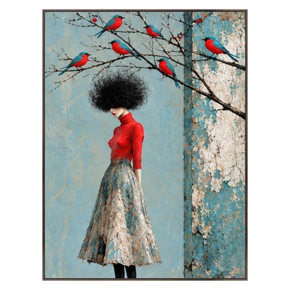 Scarlet Perch artwork in a dark brown wood frame on a transparent background.