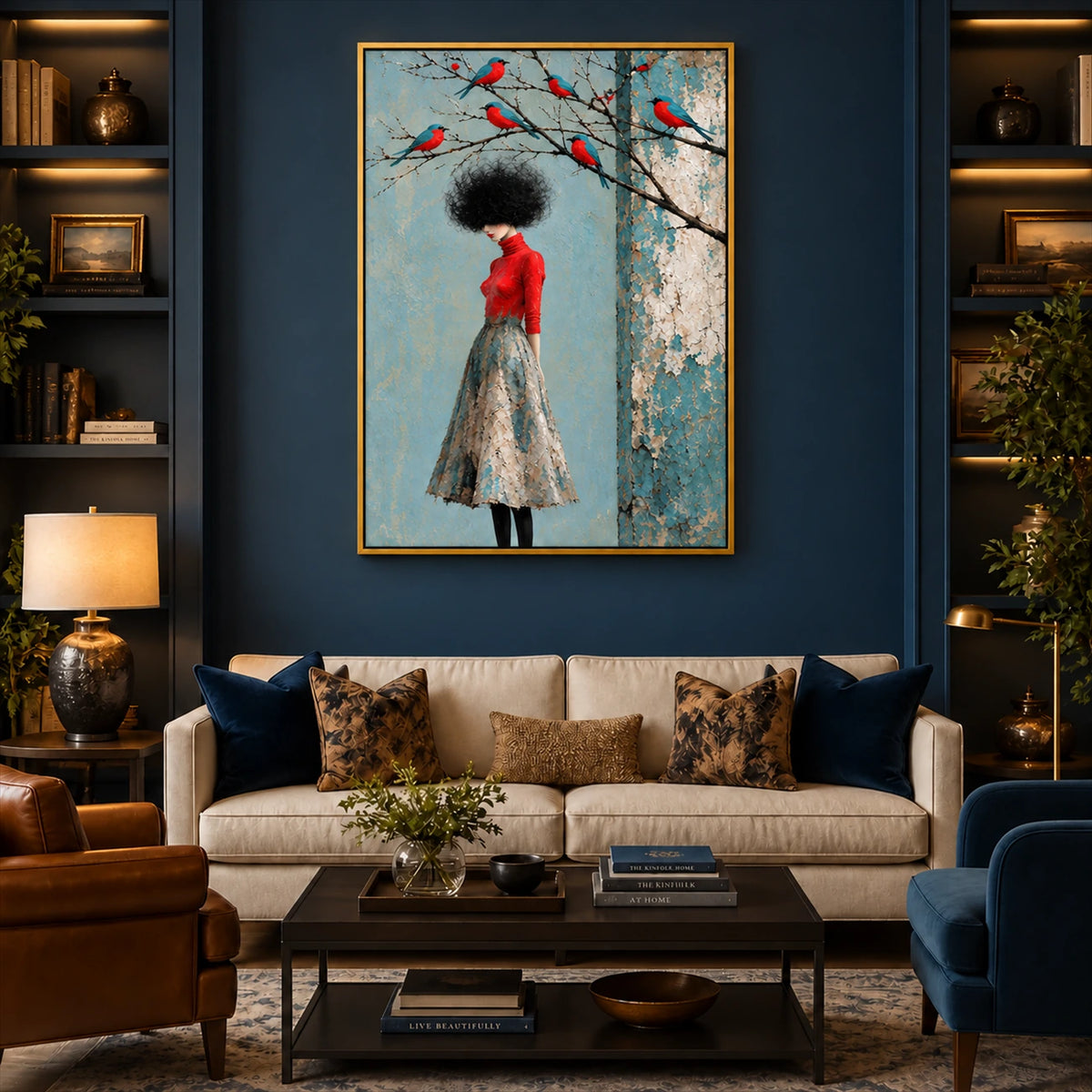 Scarlet Perch artwork displayed above a cream sofa against a blue wall.