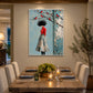 Scarlet Perch artwork displayed above a pale dining table.