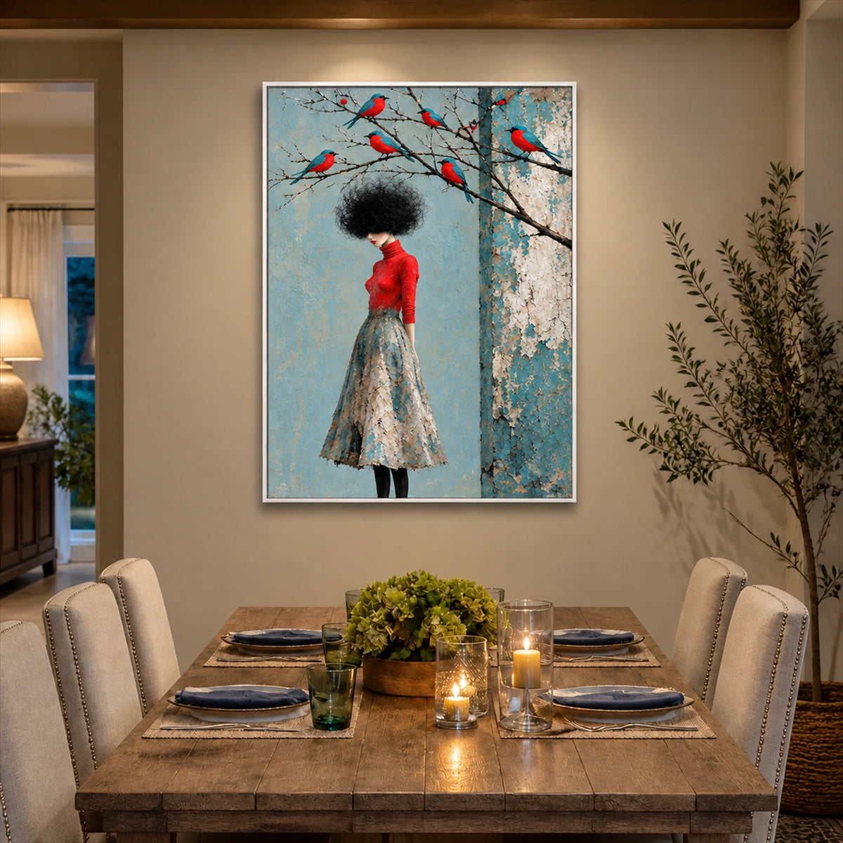 Scarlet Perch artwork displayed above a pale dining table.