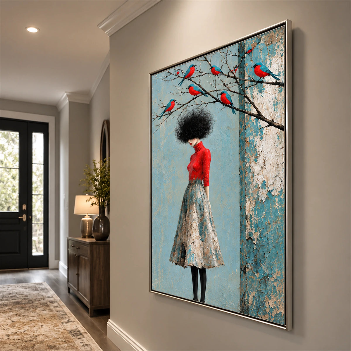 Scarlet Perch artwork displayed on a bright hallway wall.