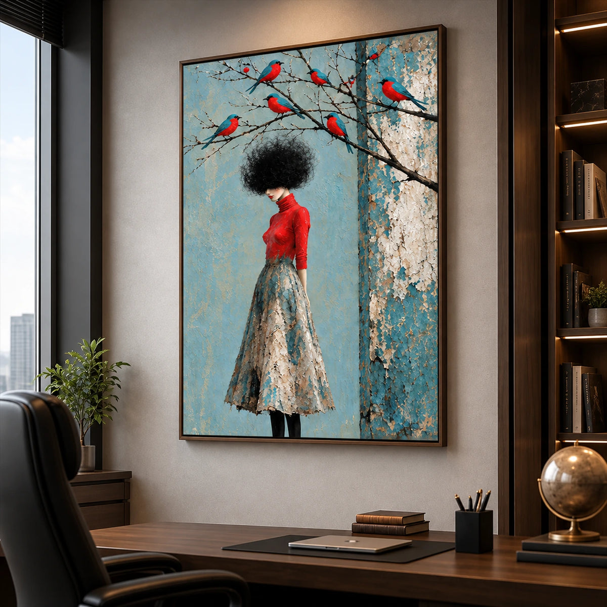 Scarlet Perch artwork displayed above a wooden desk beside a window.