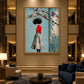 Scarlet Perch artwork displayed on a tall wall overlooking lounge seating.