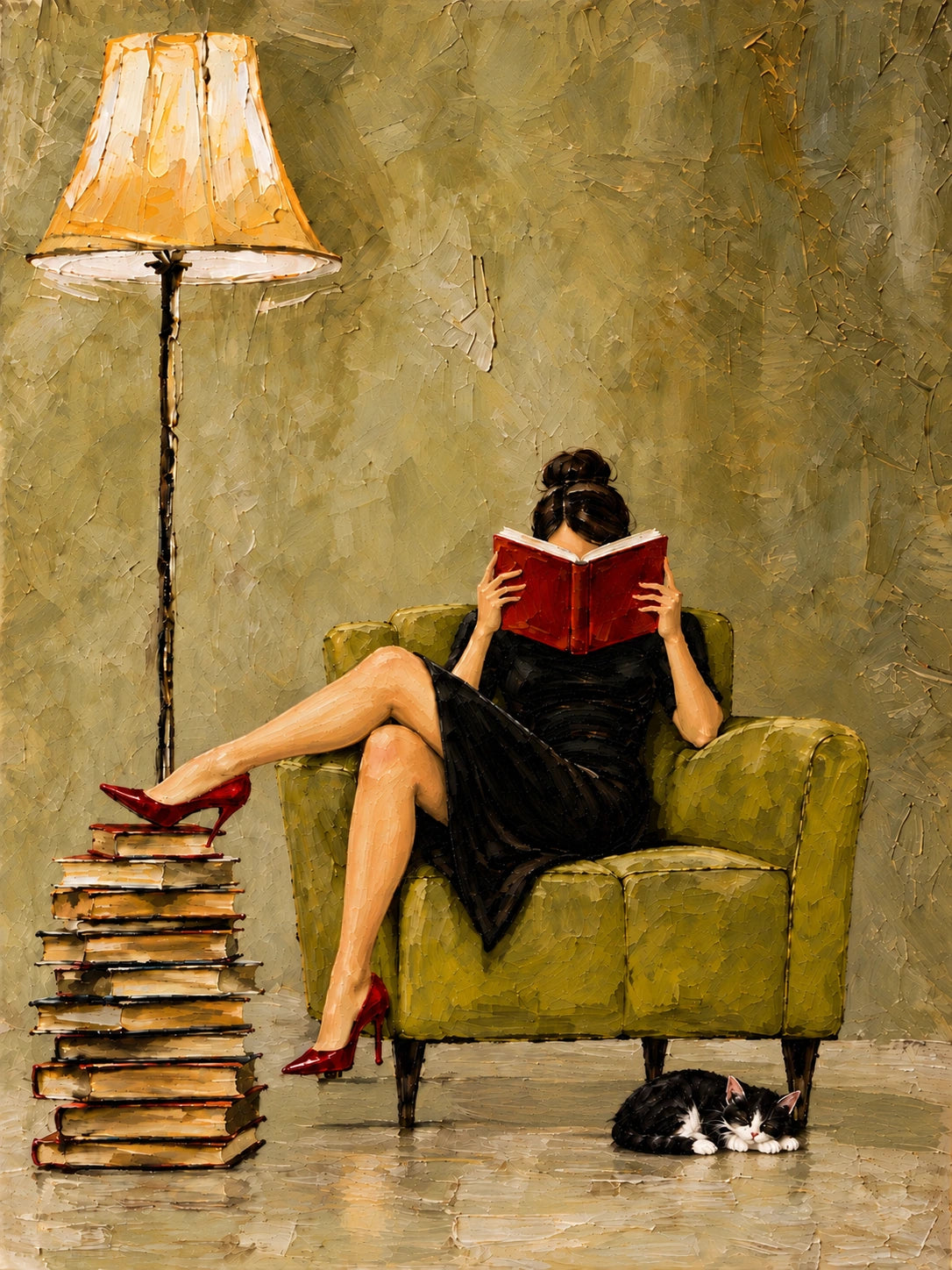 Chapter Hour full artwork. A reader relaxes in a green armchair with a red book, a tall stack of volumes nearby and a small cat below.